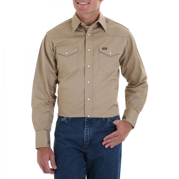 Wrangler Mens Work Long Sleeve Solid Khaki Work Shirt
