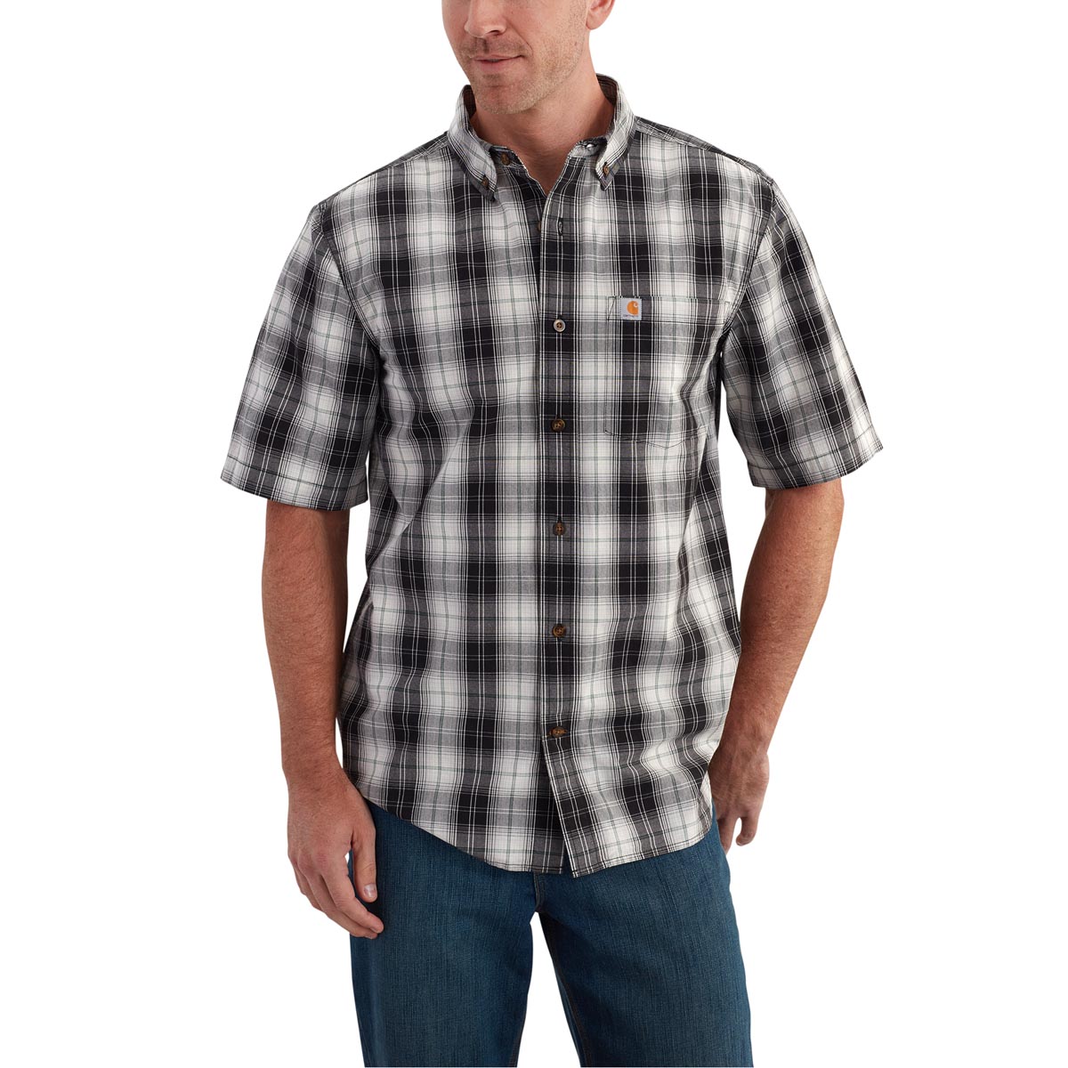 Carhartt Mens Essential Plaid Button Down Short Sleeve Shirt