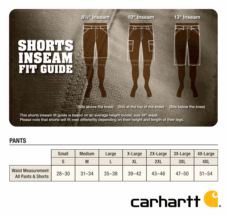 carhartt mens shorts size chart